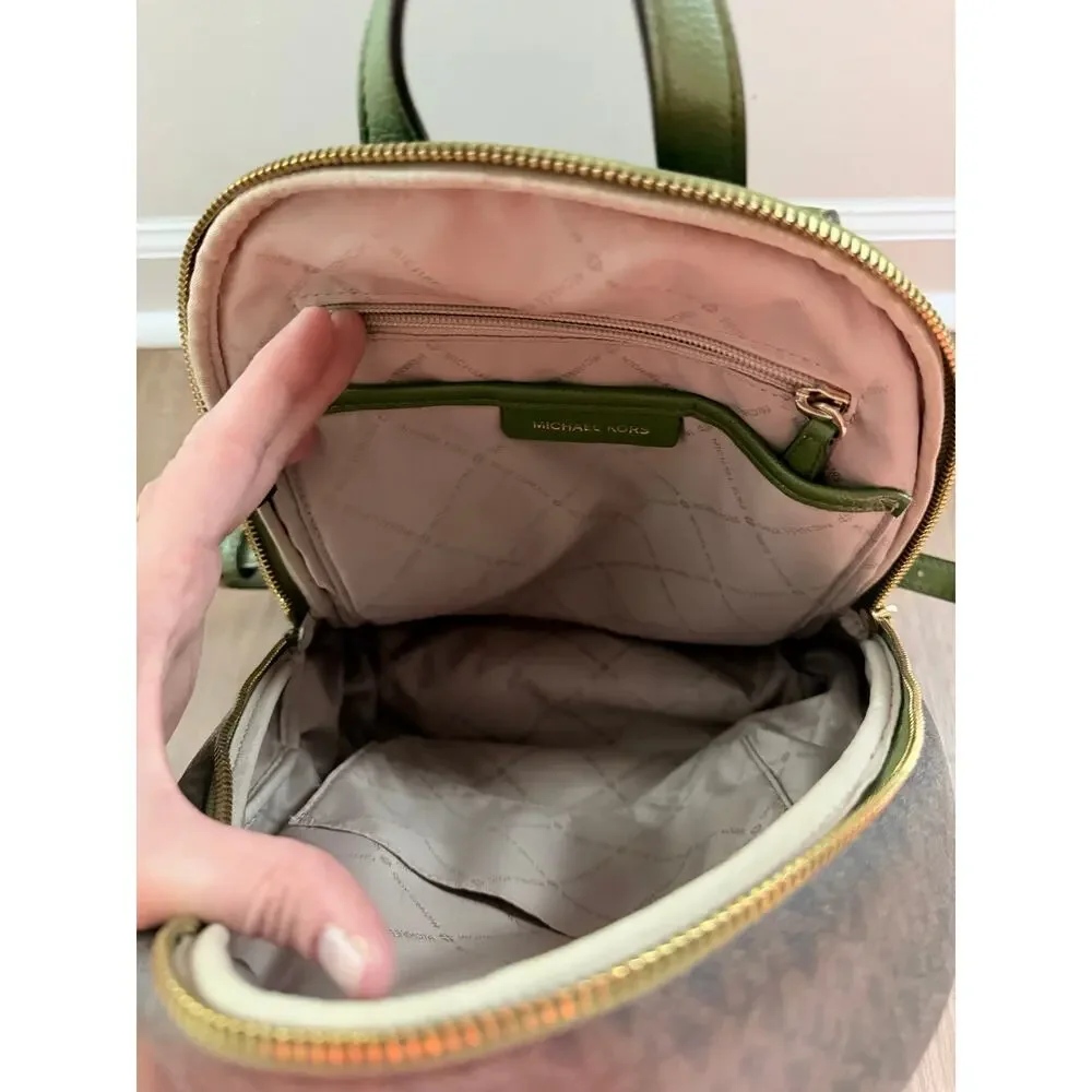 Michael Kors Erin Medium Brown MK Logo Green Trim Backpack